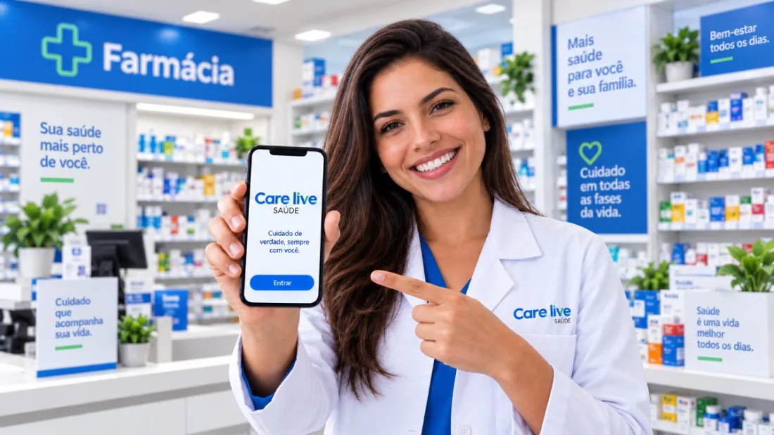 farmacêutica mostrando o aplicativo Care live Saúde